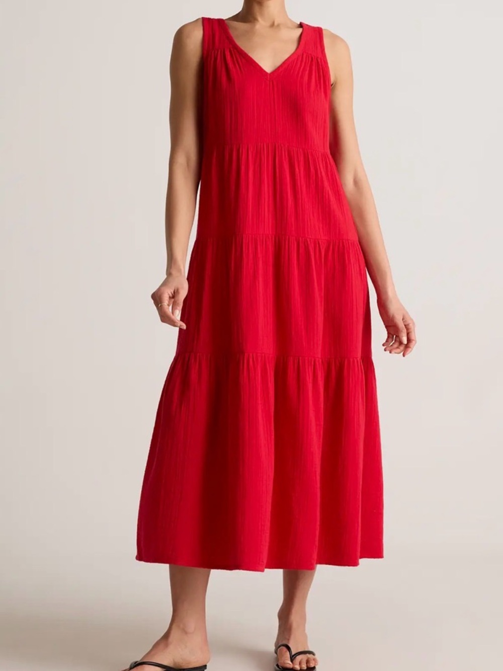 Quince 100% Organic Cotton Gauze Tiered Maxi Dress Red Size Large NWT